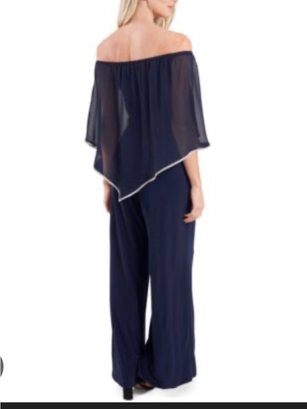 MSK Navy Off-Shoulder Wide-Leg Jumpsuit with Sheer Capelet Trim